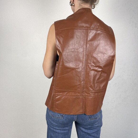 Vintage 70s Genuine Leather Cognac Brown Vest | JCPenny Western Cowboy - Picture 4 of 13